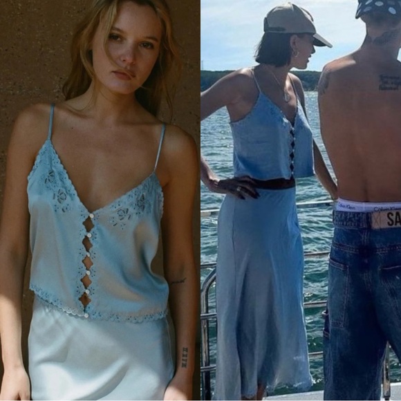 Doen Tops - Doen Elise Silk Satin Eyelet Embroidered Cami Camisole Tank Top Mineral Blue